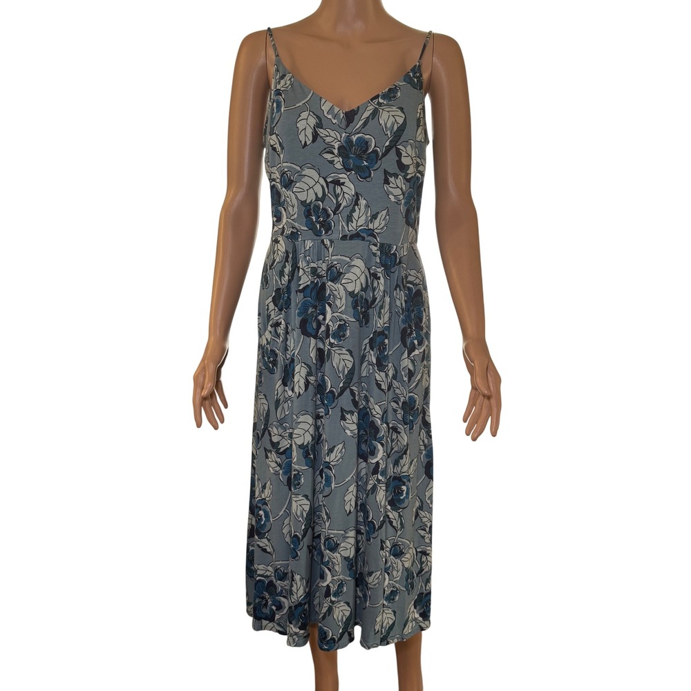 Ann Taylor LOFT Blue‎ Floral Midi Dress Womens Small Pockets Spaghetti Strap Sun